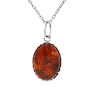 COLLIER ARGENT RHODIÉ PENDENTIF CABOCHON 14X10MM AMBRE VÉRITABLE 40+5CM