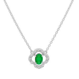 COLLIER ARGENT RHODIE FORME FLEUR EMERAUDE VÉRITABLE ET TOPAZES BLANCHES 42+3CM