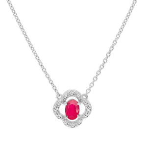 COLLIER ARGENT RHODIE FORME FLEUR RUBIS VÉRITABLE ET TOPAZES BLANCHES 42+3CM