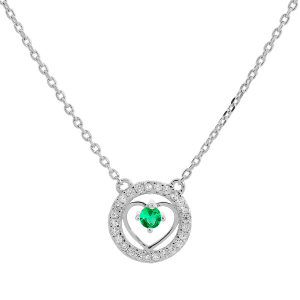 COLLIER ARGENT RHODIE COEUR EMERAUDE VÉRITABLE ET CONTOUR TOPAZES BLANCHES 42+3CM