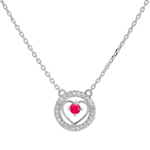 COLLIER ARGENT RHODIE COEUR RUBIS VÉRITABLE ET CONTOUR TOPAZES BLANCHES  42+3CM