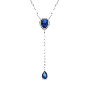 COLLIER ARGENT RHODIÉ FORME CRAVATE GOUTTE OXYDE BLEU FONCÉ CONTOUR OXYDES BLANCS 39+5CM