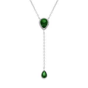 COLLIER ARGENT RHODIÉ FORME CRAVATE GOUTTE OXYDE VERT CONTOUR OXYDES BLANCS 39+5CM