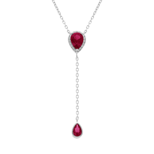 COLLIER ARGENT RHODIÉ FORME CRAVATE GOUTTE OXYDE ROUGE CONTOUR OXYDES BLANCS 39+5CM