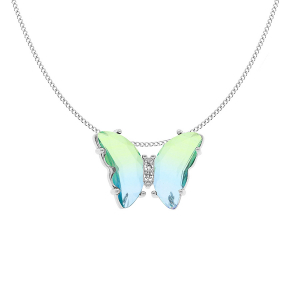 COLLIER ARGENT RHODIÉ PAPILLON 20X15MM VERRE DEGRADÉ BLEU VERT ET OXYDES BLANCS SERTIS 42+3CM