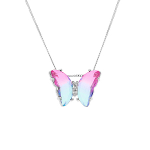 COLLIER ARGENT RHODIÉ PAPILLON 20X15MM VERRE DEGRADÉ ROSE ET OXYDES BLANCS SERTIS 42+3CM