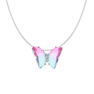 COLLIER ARGENT RHODIÉ PAPILLON 20X15MM VERRE DEGRADÉ ROSE ET OXYDES BLANCS SERTIS 42+3CM