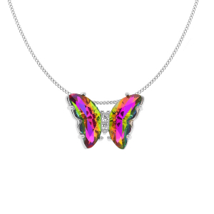 COLLIER ARGENT RHODIÉ PAPILLON VERRE 42X30MM  MULTI COULEUR ET OXYDES BLANCSS SERTIS 42+3CM