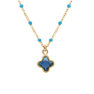 COLLIER ARGENT DORÉ BOULES RÉSINE TURQUOISE IMITATION PENDENTIF TREFLE CRISTAL BLEU FONCÉ 40+5CM