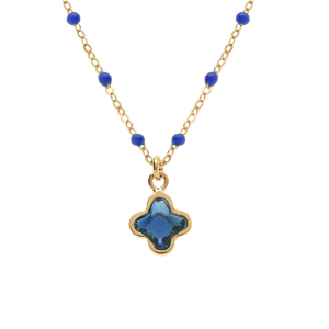 COLLIER ARGENT DORÉ BOULES RÉSINE BLEU FONCÉ IMITATION PENDENTIF TREFLE CRISTAL BLEU FONCÉ 40+5CM