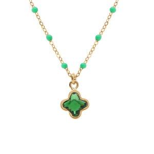 COLLIER ARGENT DORÉ BOULES RÉSINE VERTE PENDENTIF TREFLE CRISTAL VERT 40+5CM