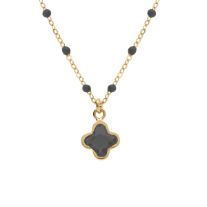 COLLIER ARGENT DORÉ BOULES RÉSINE NOIRE PENDENTIF TREFLE CRISTAL NOIR 40+5CM