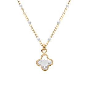 COLLIER ARGENT DORÉ BOULES RÉSINE BLANCHE PENDENTIF TREFLE CRISTAL BLANC 40+5CM