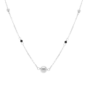 COLLIER ARGENT RHODIÉ BOULES ET VERRE FACETÉ NOIR  41+3CM