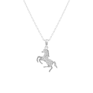 COLLIER ARGENT RHODIÉ PENDENTIF CHEVAL OXYDES BLANCS 40+5CM