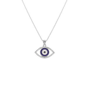 COLLIER ARGENT RHODIÉ PENDENTIF OEIL DE LA CHANCE CONTOUR OXYDES BLANCS 40+5CM