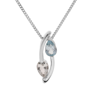 COLLIER ARGENT RHODIÉ PENDENTIF 2 PIERRES TOPAZE BLEU ET BLANC  42+3CM