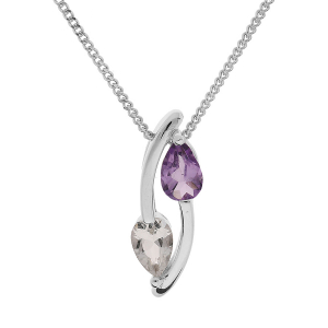 COLLIER ARGENT RHODIÉ PENDENTIF 2 PIERRES AMETHYSTE VERITABLE ET TOPAZE BLANC  42+3CM