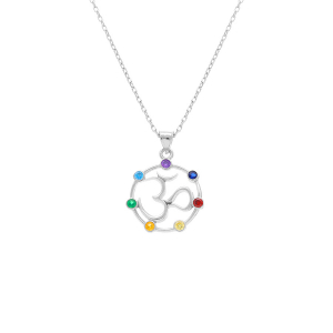 COLLIER ARGENT RHODIÉ PENDENTIF CHAKRA 14MM 7 OXYDES 40+5CM