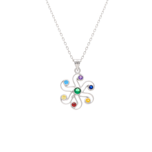 COLLIER ARGENT RHODIÉ PENDENTIF CHAKRA 17MM 7 OXYDES 40+5CM
