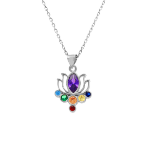COLLIER ARGENT RHODIÉ PENDENTIF CHAKRA FLEUR 7 OXYDES 40+5CM
