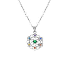 COLLIER ARGENT RHODIÉ PENDENTIF CHAKRA 15MM 7 OXYDES 40+5CM