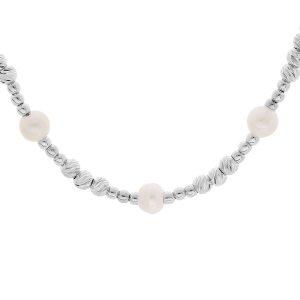 COLLIER ARGENT RHODIÉ BOULES DIAMANTÉES AVEC PERLES DE CULTURE D'EAU DOUCE BLANCHES  42+3CM