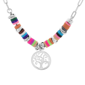 COLLIER ARGENT RHODIÉ COCKTAIL COULEURS MOTIF ARBRE DE VIE 40+5CM