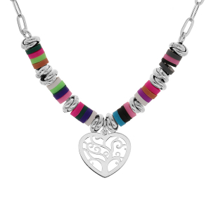 COLLIER ARGENT RHODIÉ COCKTAIL COULEURS MOTIF COEUR 40+5CM
