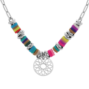 COLLIER ARGENT RHODIÉ COCKTAIL COULEURS PAMPILLE MANDALA 42+3CM