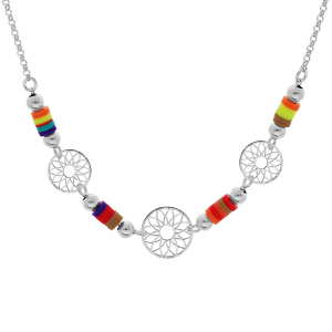 COLLIER ARGENT RHODIÉ COCKTAIL COULEURS 3 MANDALAS 40+5CM