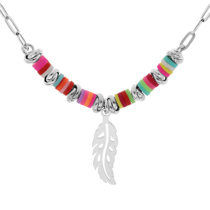 COLLIER ARGENT RHODIÉ COCKTAIL COULEURS MOTIF PLUME  42+3CM