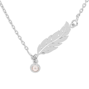 COLLIER ARGENT RHODIÉ 1 PLUME HORIZONTAL  1 OXYDE BLANC SERTI CLOS 39,5+5CM