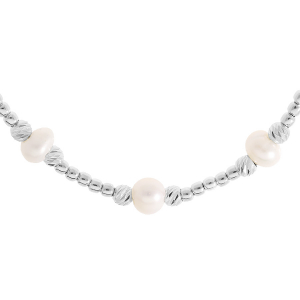 COLLIER ARGENT RHODIÉ BOULES AVEC BOULES DIAMANTÉES ET 5 PERLES DE CULTURE D'EAU DOUCE BLANCHES  42+3CM