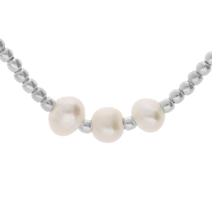 COLLIER ARGENT RHODIÉ BOULES AVEC PERLES DE CULTURE D'EAU DOUCE BLANCHES  42+3CM