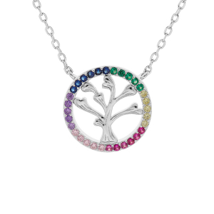 COLLIER ARGENT RHODIÉ ARBRE DE VIE CONTOUR OXYDES MULTICOULEURS 44CM REGLABLE 42-40CM