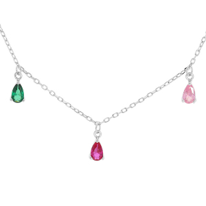 COLLIER ARGENT RHODIÉ 7 PAMPILLES OXYDES MULTICOULEURS SERTIS 42+2CM