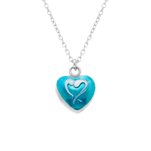 COLLIER ARGENT RHODIÉ PENDENTIF COEUR BOMBÉ RÉSINE A CHAUD BLEU CIEL RECTO VERSO  41+3CM