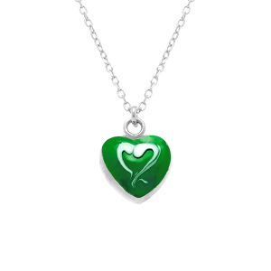 COLLIER ARGENT RHODIÉ PENDENTIF COEUR BOMBÉ RÉSINE A CHAUD VERTE RECTO VERSO  41+3CM