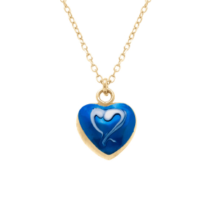 COLLIER ARGENT DORÉ PENDENTIF COEUR BOMBÉ RÉSINE A CHAUD BLEU FONCÉ RECTO VERSO 41+3CM