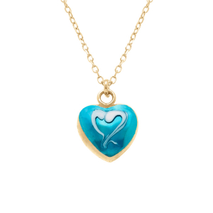 COLLIER ARGENT DORÉ PENDENTIF COEUR BOMBÉ RÉSINE A CHAUD BLEU CIEL RECTO VERSO  41+3CM
