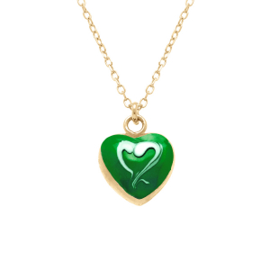 COLLIER ARGENT DORÉ PENDENTIF COEUR BOMBÉ RÉSINE A CHAUD VERT RECTO VERSO  41+3CM