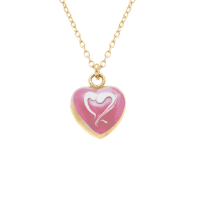 COLLIER ARGENT DORÉ PENDENTIF COEUR BOMBÉ RÉSINE A CHAUD ROSE RECTO VERSO 41+3CM