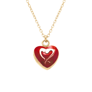 COLLIER ARGENT DORÉ PENDENTIF COEUR BOMBÉ RÉSINE A CHAUD ROUGE FONCÉ RECTO VERSO 41+3CM