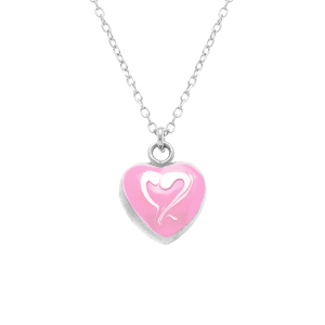 COLLIER ARGENT RHODIÉ PENDENTIF COEUR BOMBÉ RÉSINE ROSE 41+3CM