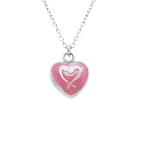 COLLIER ARGENT RHODIÉ PENDENTIF COEUR BOMBÉ RÉSINE A CHAUD ROSE RECTO VERSO  41+3CM