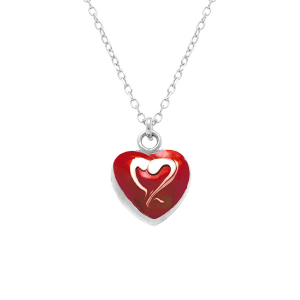 COLLIER ARGENT RHODIÉ PENDENTIF COEUR BOMBÉ RÉSINE A CHAUD ROUGE RECT VERSO  42+3CM