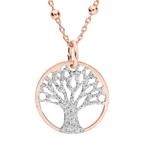 COLLIER ARGENT ET DORURE ROSE PENDENTIF ARBRE DE VIE GRANITÉ 15MM  38+5CM