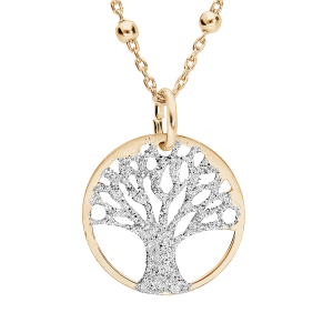 COLLIER ARGENT ET DORURE JAUNE PENDENTIF ARBRE DE VIE GRANITÉ 15MM  38+5CM