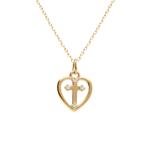 COLLIER ARGENT DORÉ COEUR ET CROIX AVEC  OXYDES BLANCS SERTIS 40+3CM